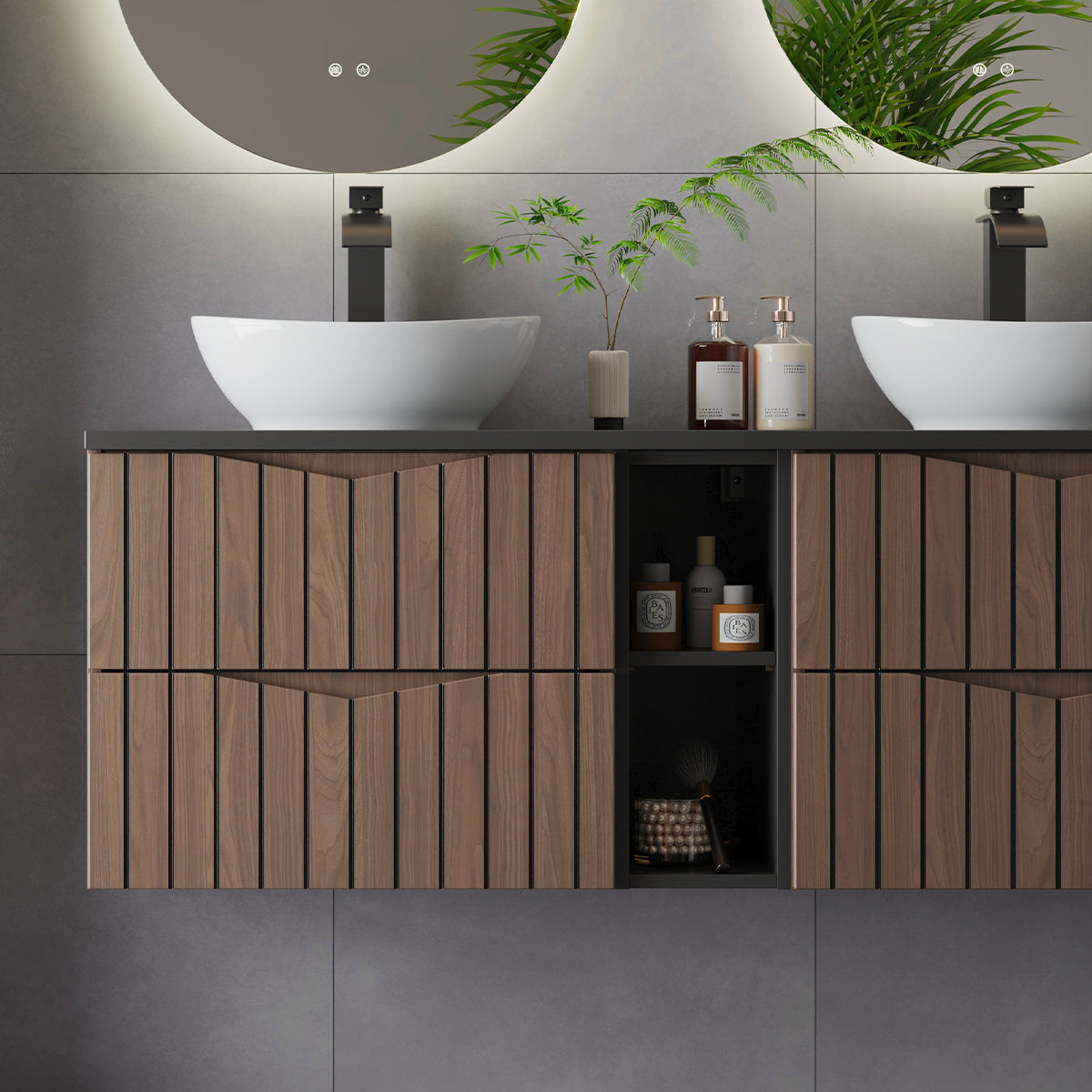 Meuble sous-vasque 140cm 2 niches plan de toilette Siena bois et noir - vue 6
