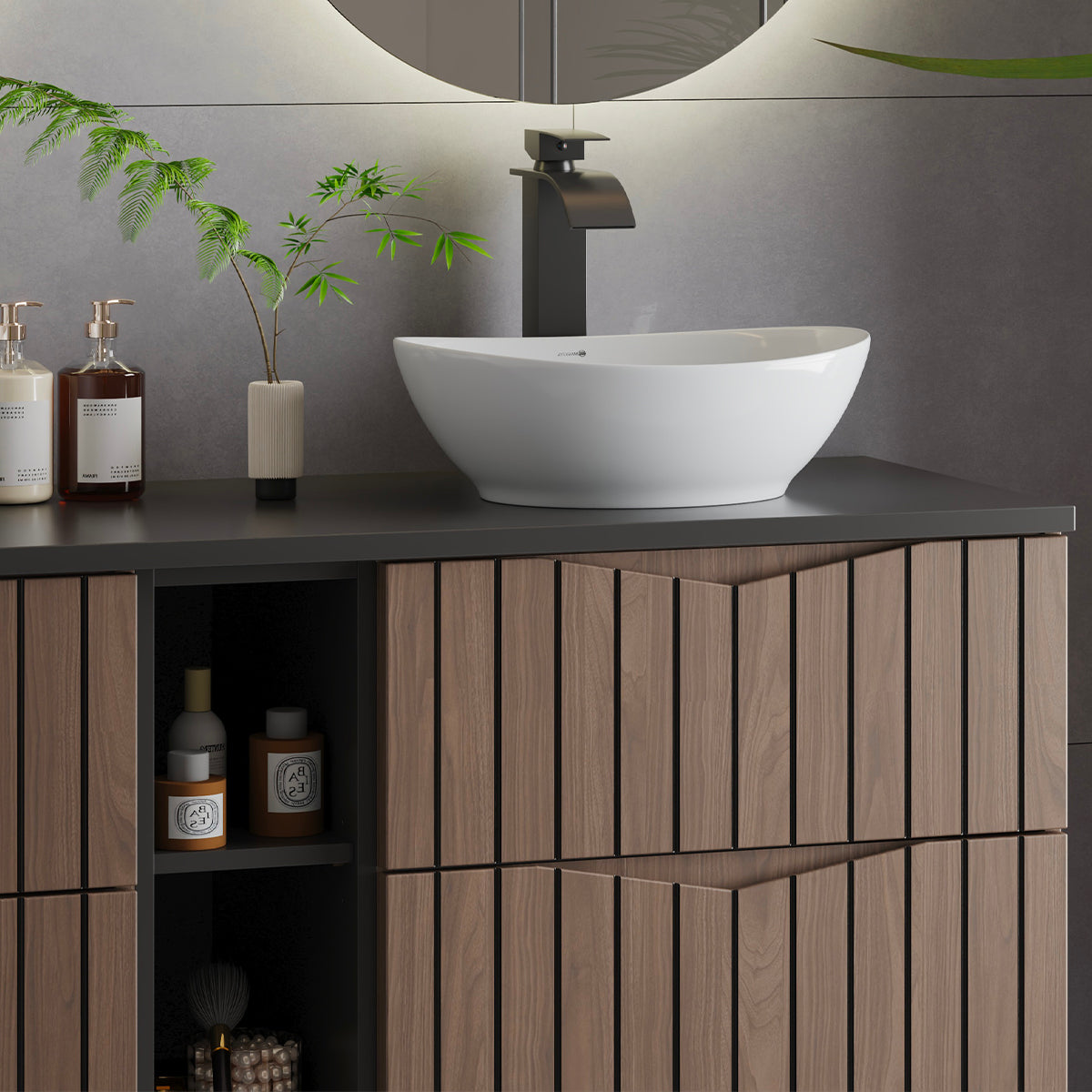 Meuble sous-vasque 140cm 2 niches plan de toilette Siena bois et noir - vue 5