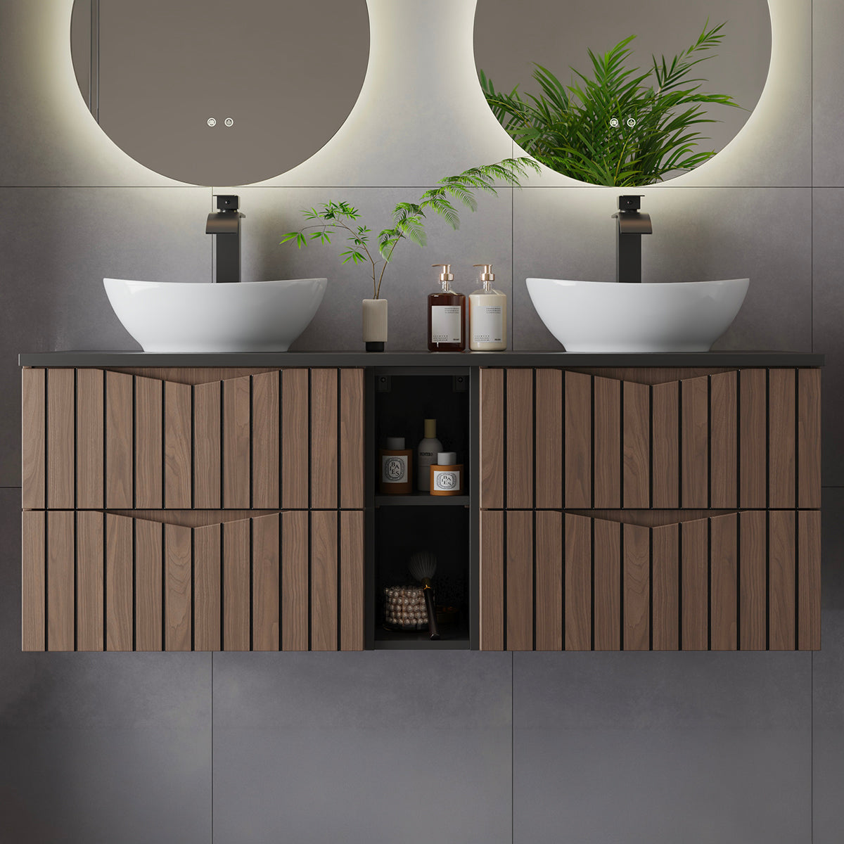 Meuble sous-vasque 140cm 2 niches plan de toilette Siena bois et noir - vue 4