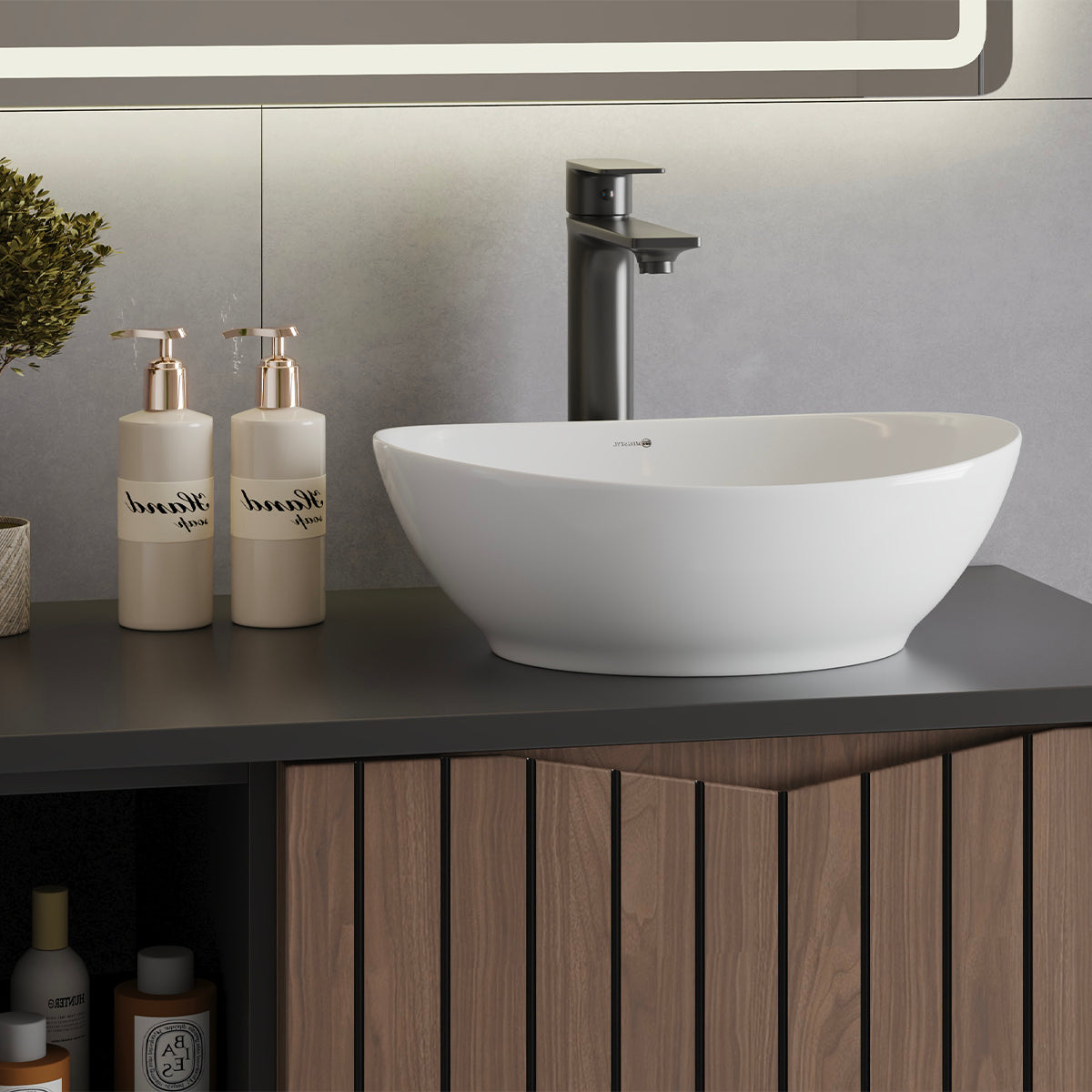 Meuble sous-vasque 80cm 2 niches plan de toilette Siena bois et noir - vue 5