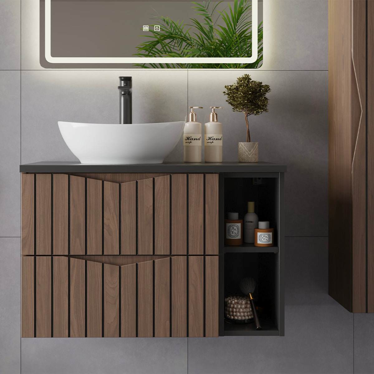 Meuble sous-vasque 80cm 2 niches plan de toilette Siena bois et noir - vue 4