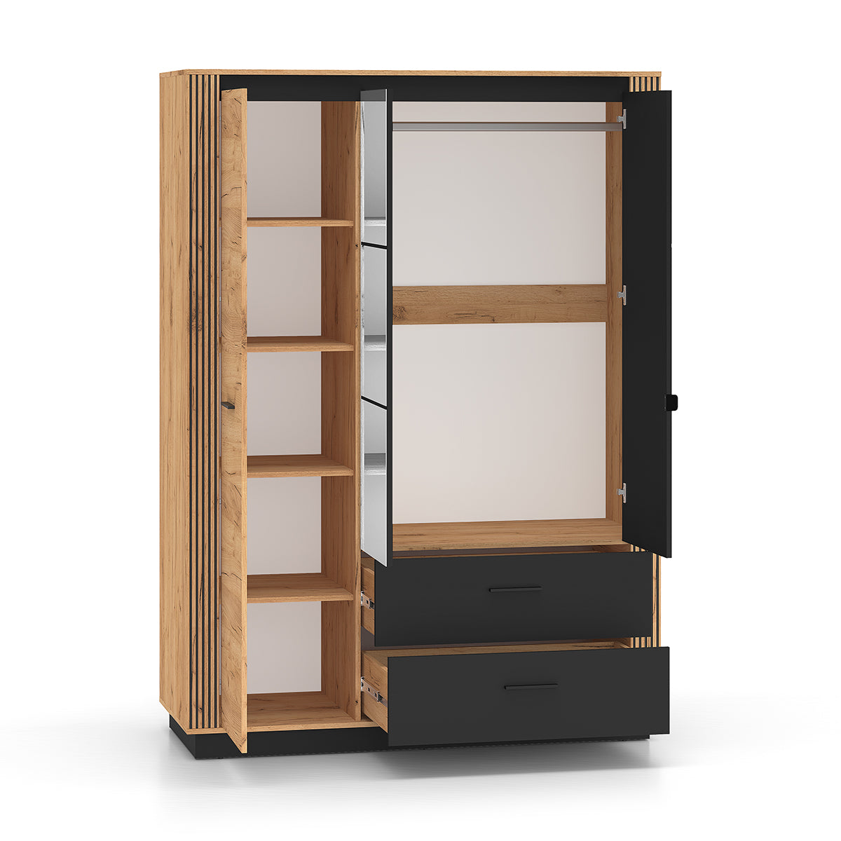 Armoire 3 portes 2 tiroirs Solal Bois et Noir - vue 2