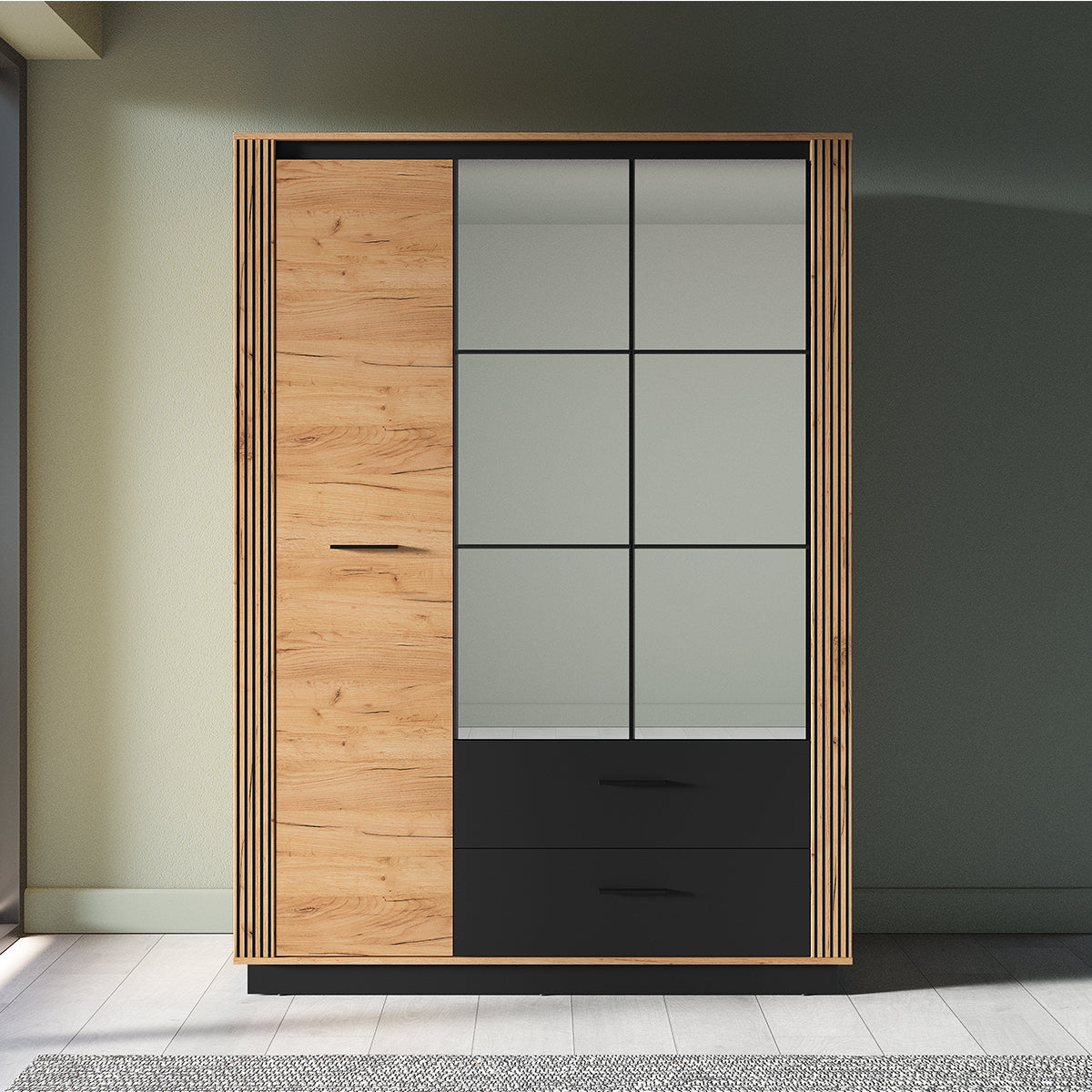 Armoire 3 portes 2 tiroirs Solal Bois et Noir - vue 3