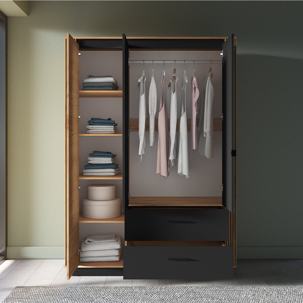 Armoire 3 portes 2 tiroirs Solal Bois et Noir - vue 4