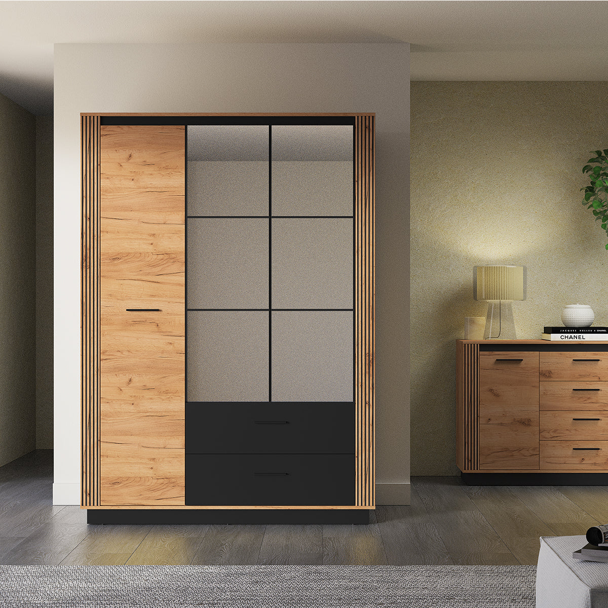 Armoire 3 portes 2 tiroirs Solal Bois et Noir - vue 6