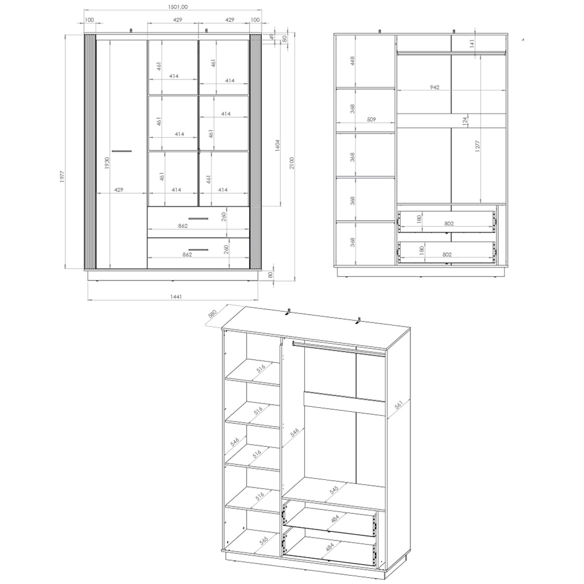 Armoire 3 portes 2 tiroirs Solal Bois et Noir - vue 7