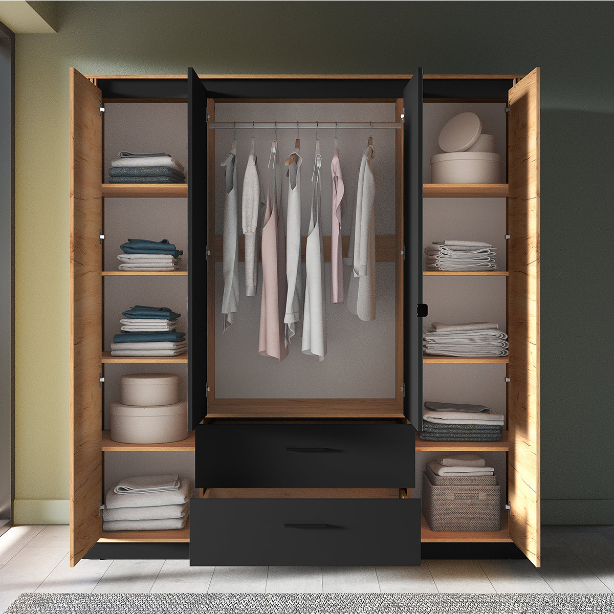 Armoire 4 portes 2 tiroirs Solal Bois et Noir - vue 4