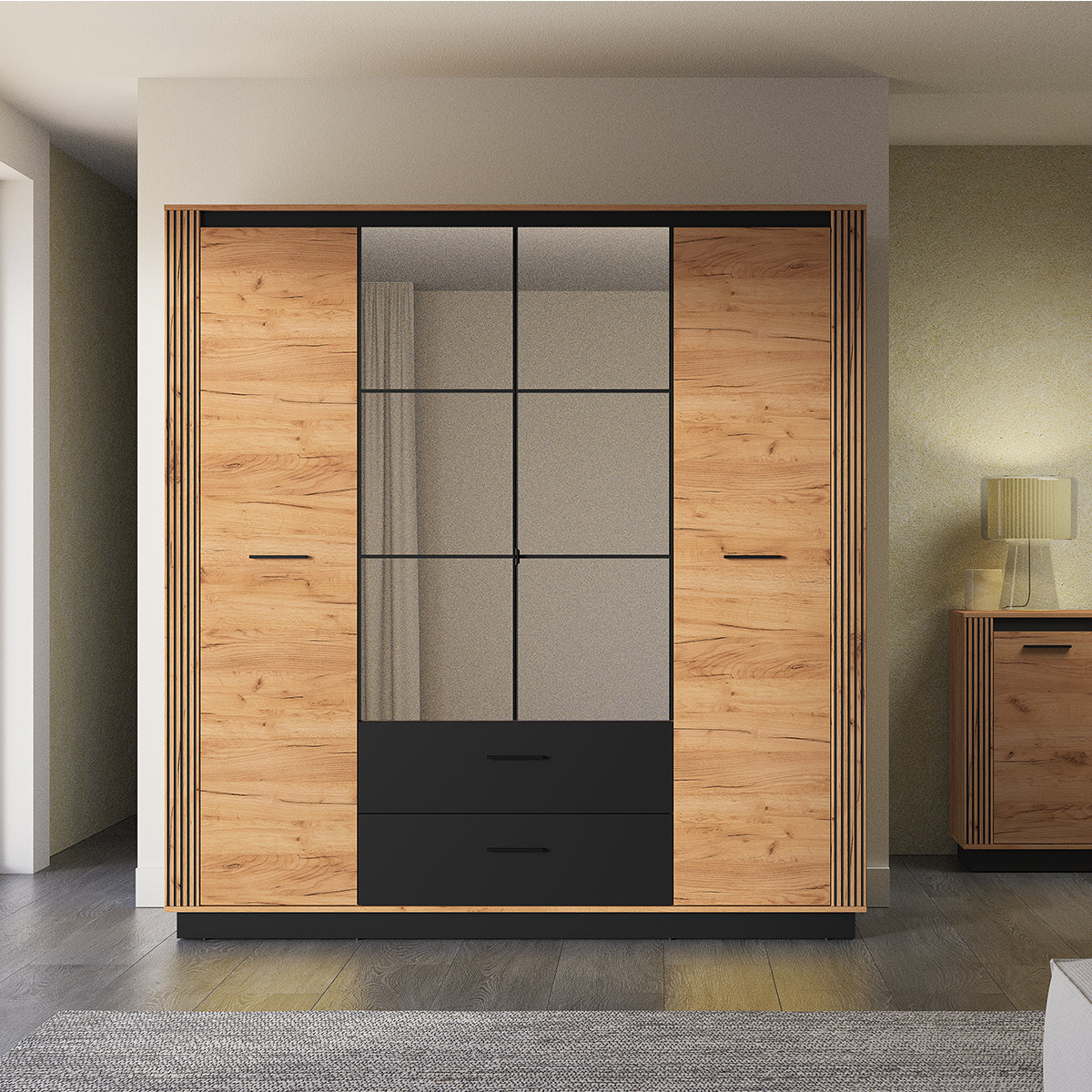 Armoire 4 portes 2 tiroirs Solal Bois et Noir - vue 6