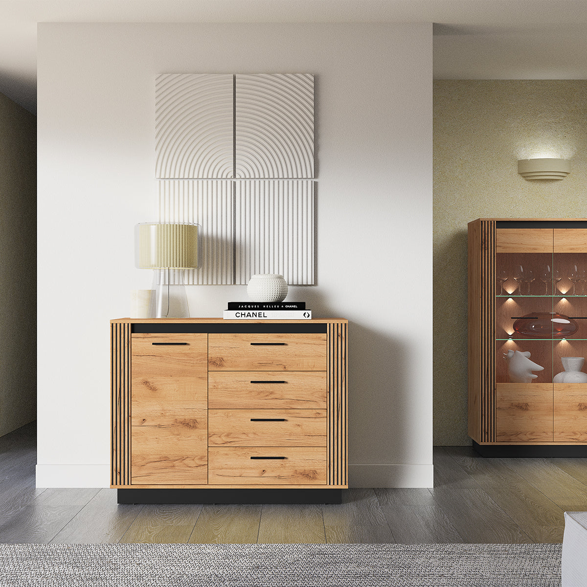 Buffet 1 porte 4 tiroirs Solal Bois et Noir - vue 5