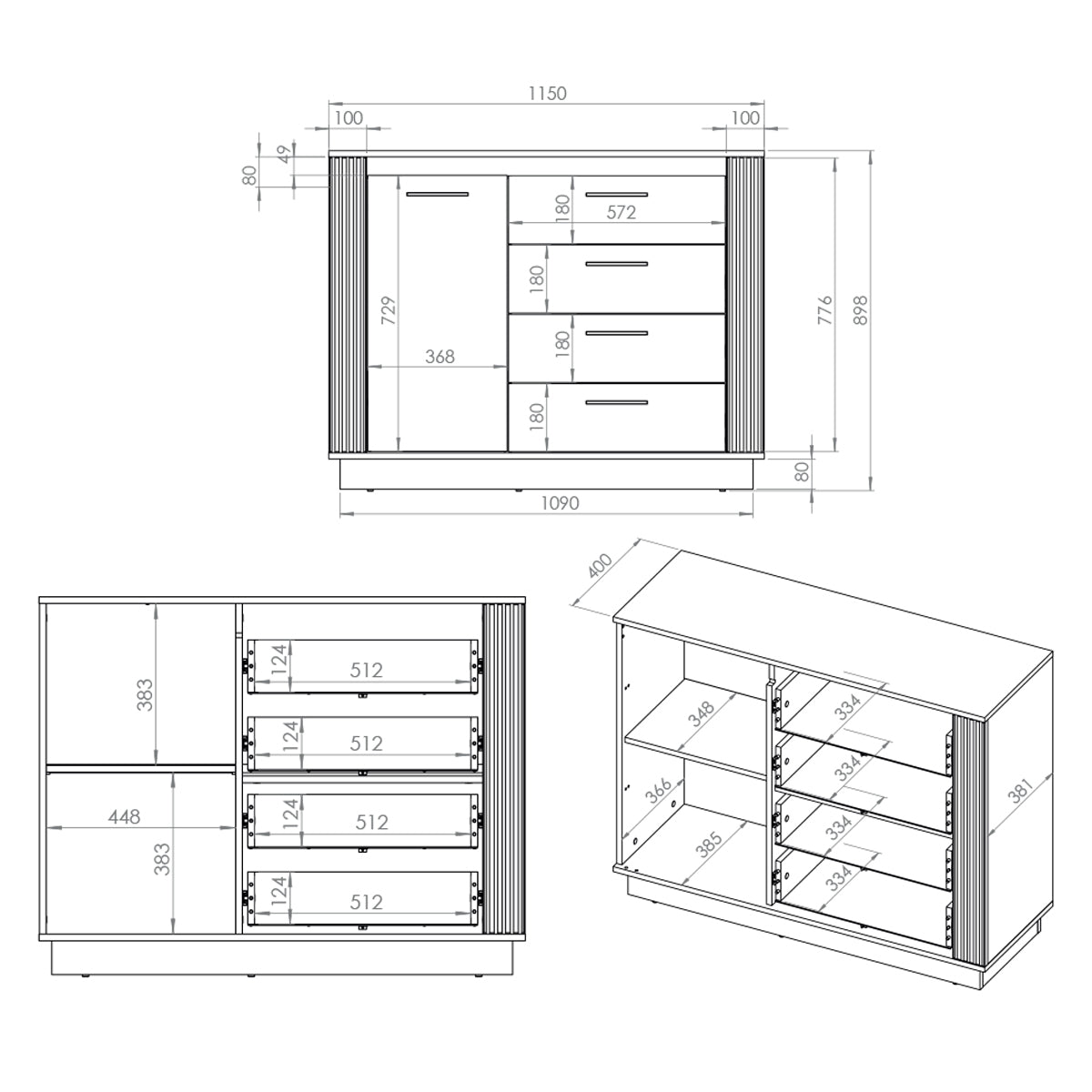 Buffet 1 porte 4 tiroirs Solal Bois et Noir - vue 7