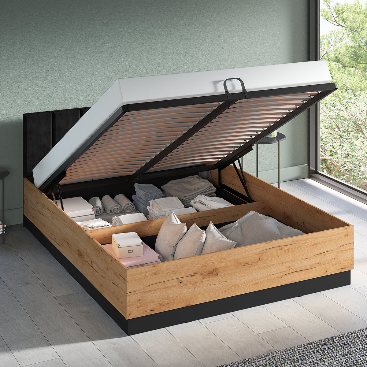 Lit coffre 160x200 sommier inclus Solal Bois et Noir - vue 4