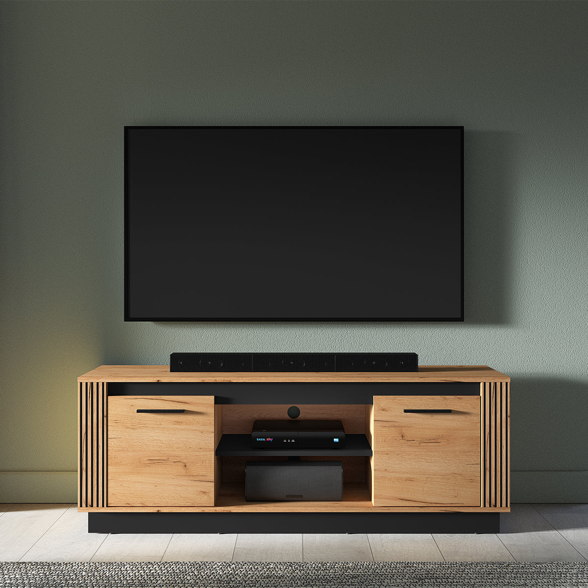 Meuble TV 2 portes 150 cm Solal Bois et Noir - vue 3
