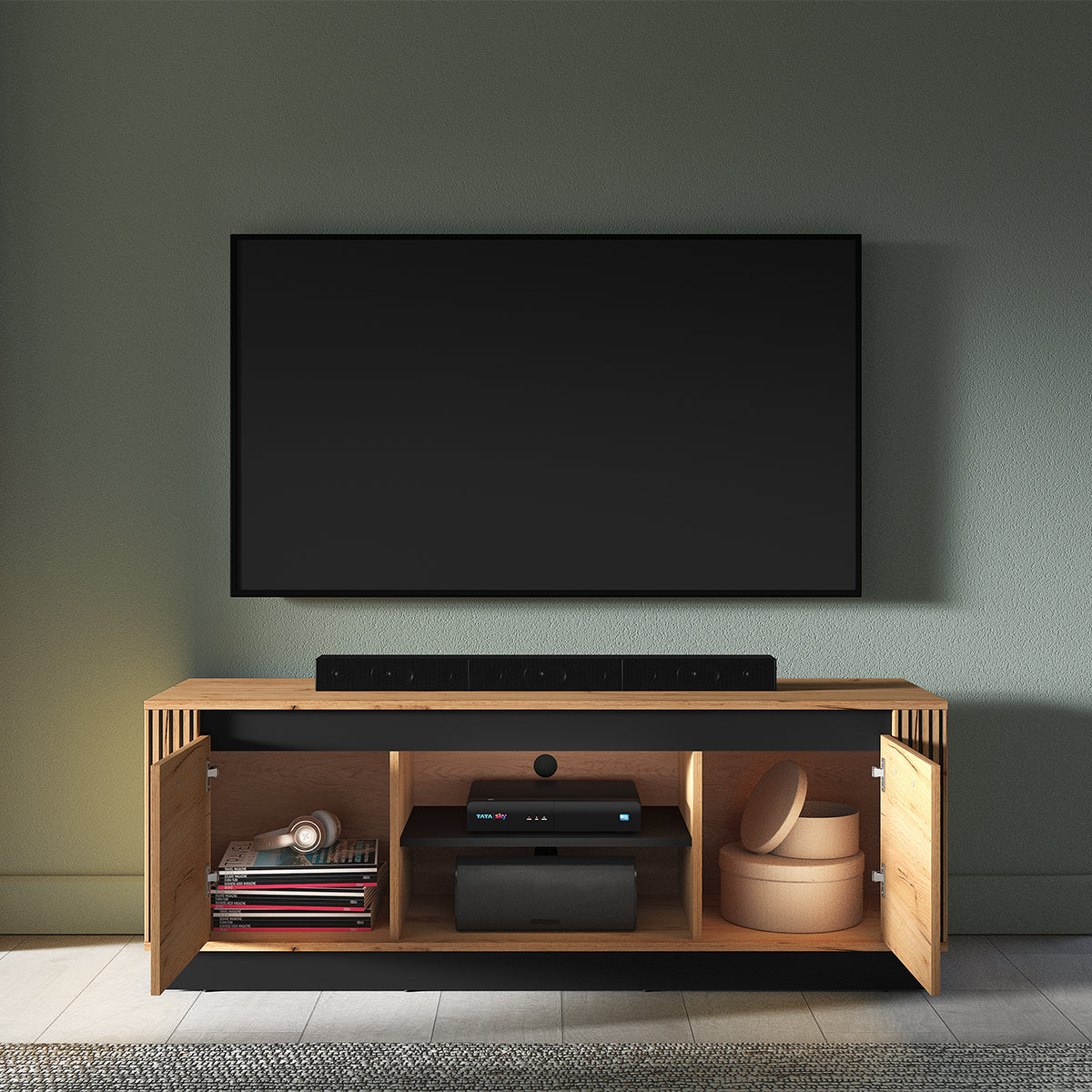 Meuble TV 2 portes 150 cm Solal Bois et Noir - vue 4