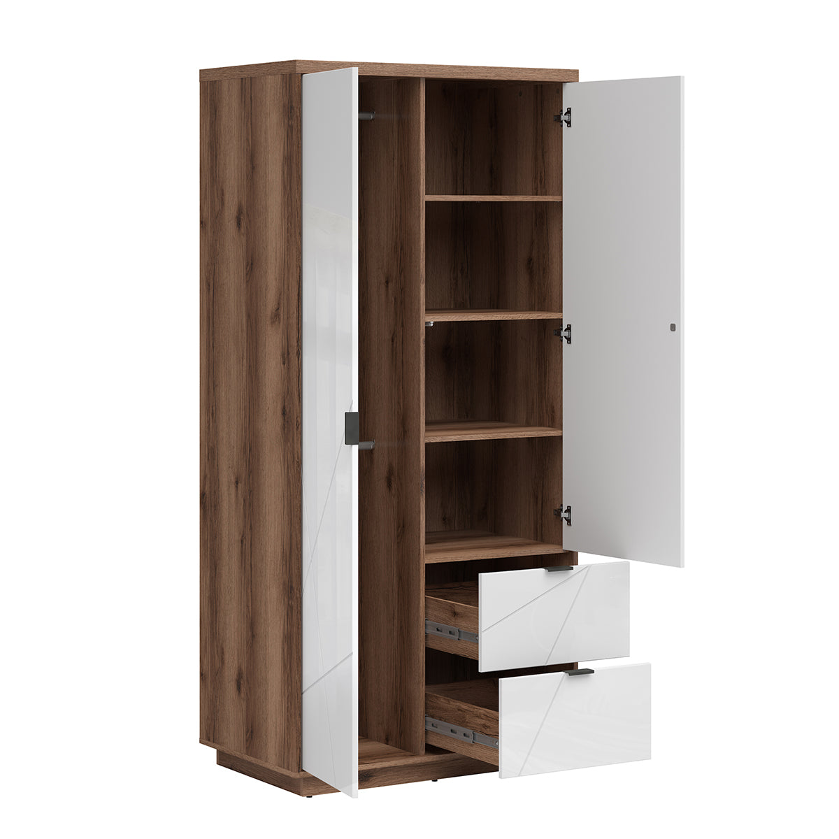 Armoire 2 portes 2 tiroirs Sven Blanc et Bois - vue 4