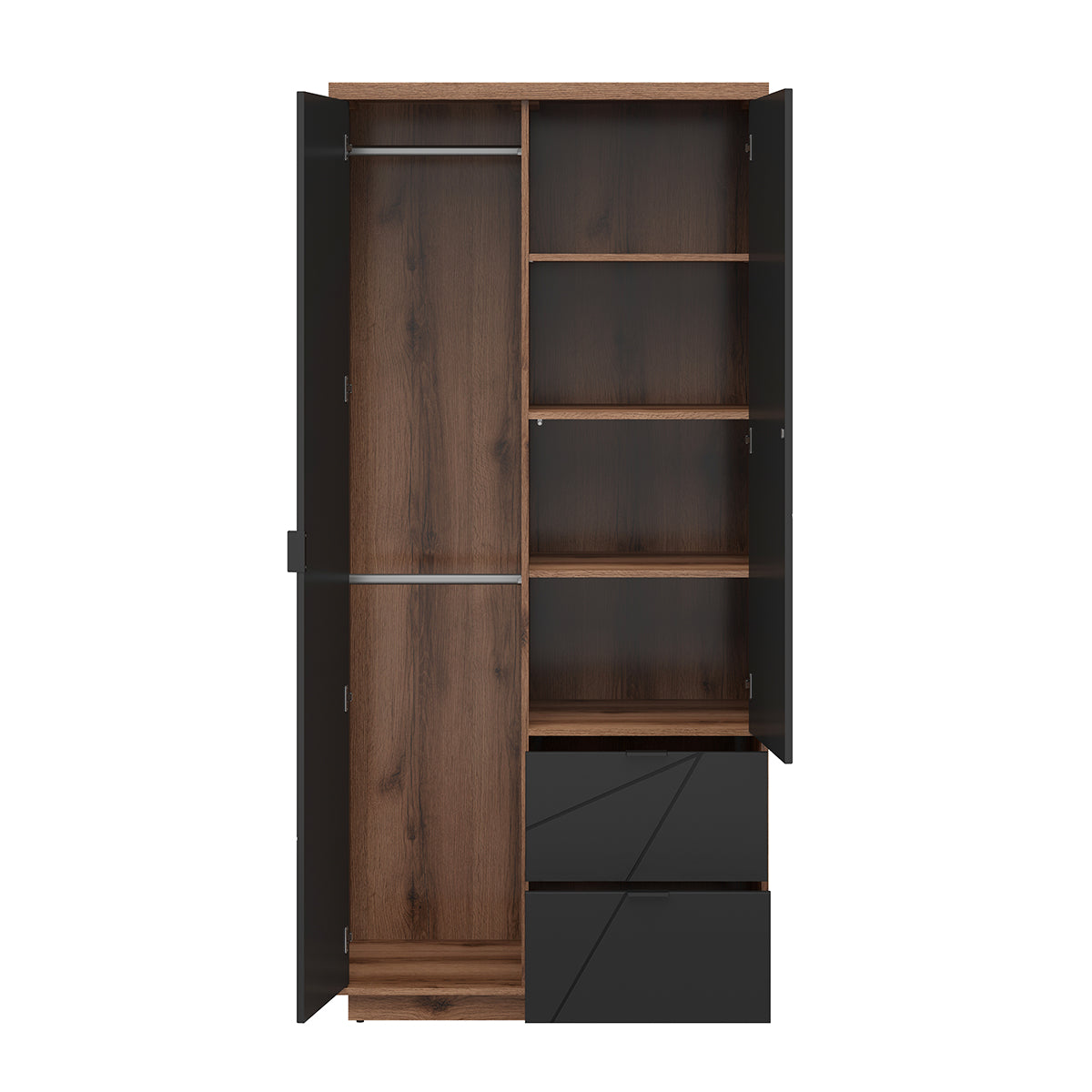 Armoire 2 portes 2 tiroirs Sven Noir et Bois - vue 3