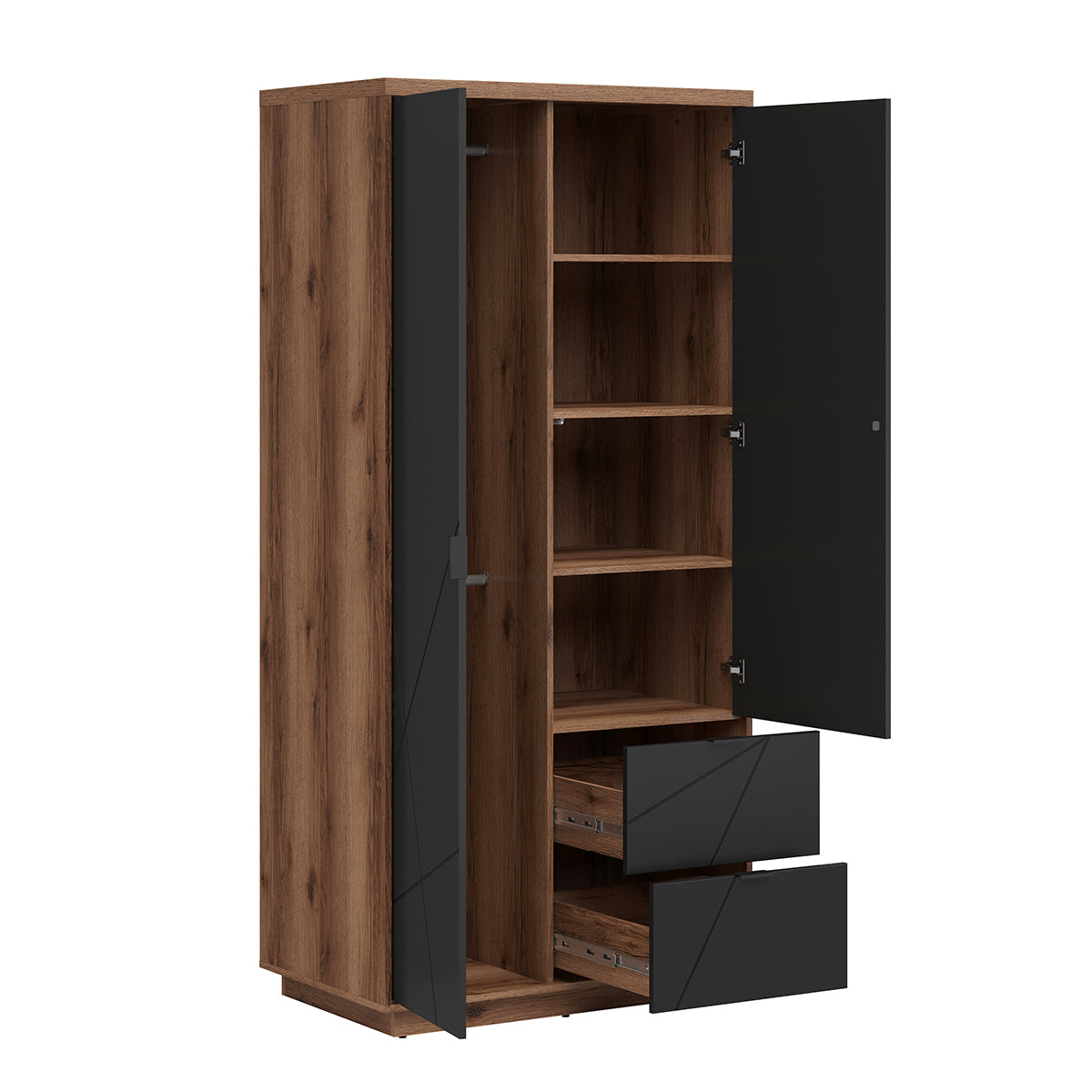Armoire 2 portes 2 tiroirs Sven Noir et Bois - vue 4