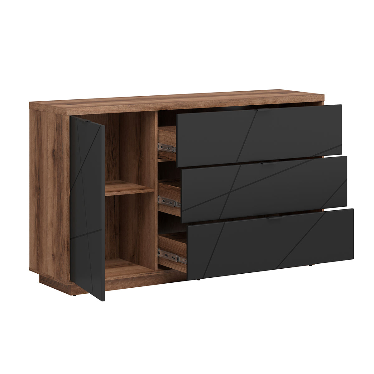 Buffet 3 tiroirs 1 porte Sven Noir et Bois - vue 3