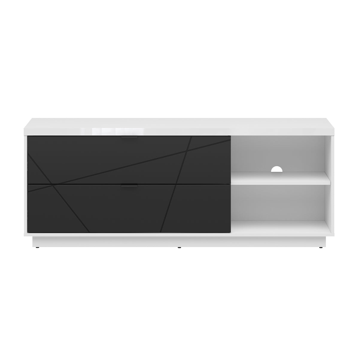 Meuble TV 2 tiroirs 2 niches 156 cm Sven Noir et Blanc