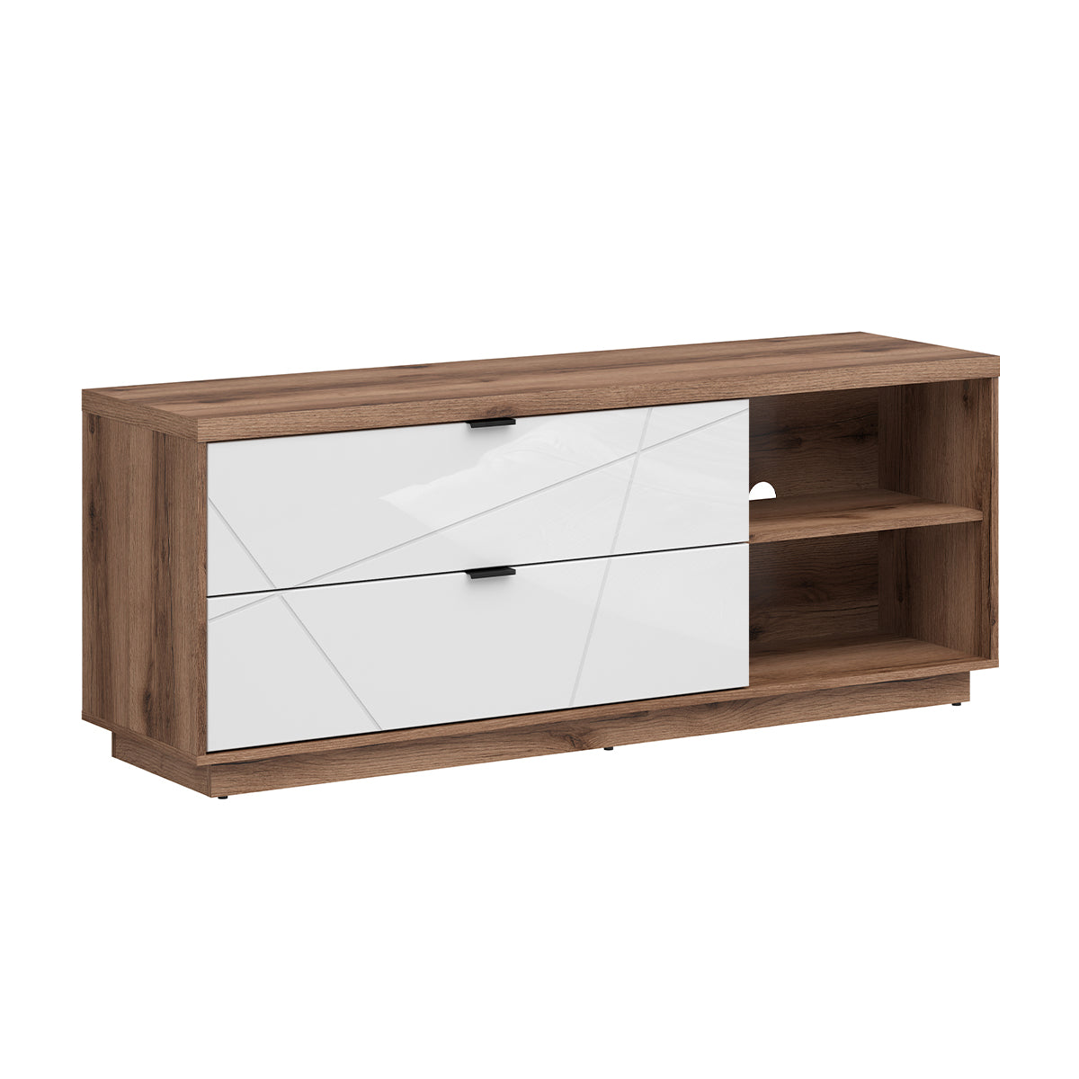Meuble TV 2 tiroirs 2 niches 156 cm Sven Blanc et Bois - vue 2