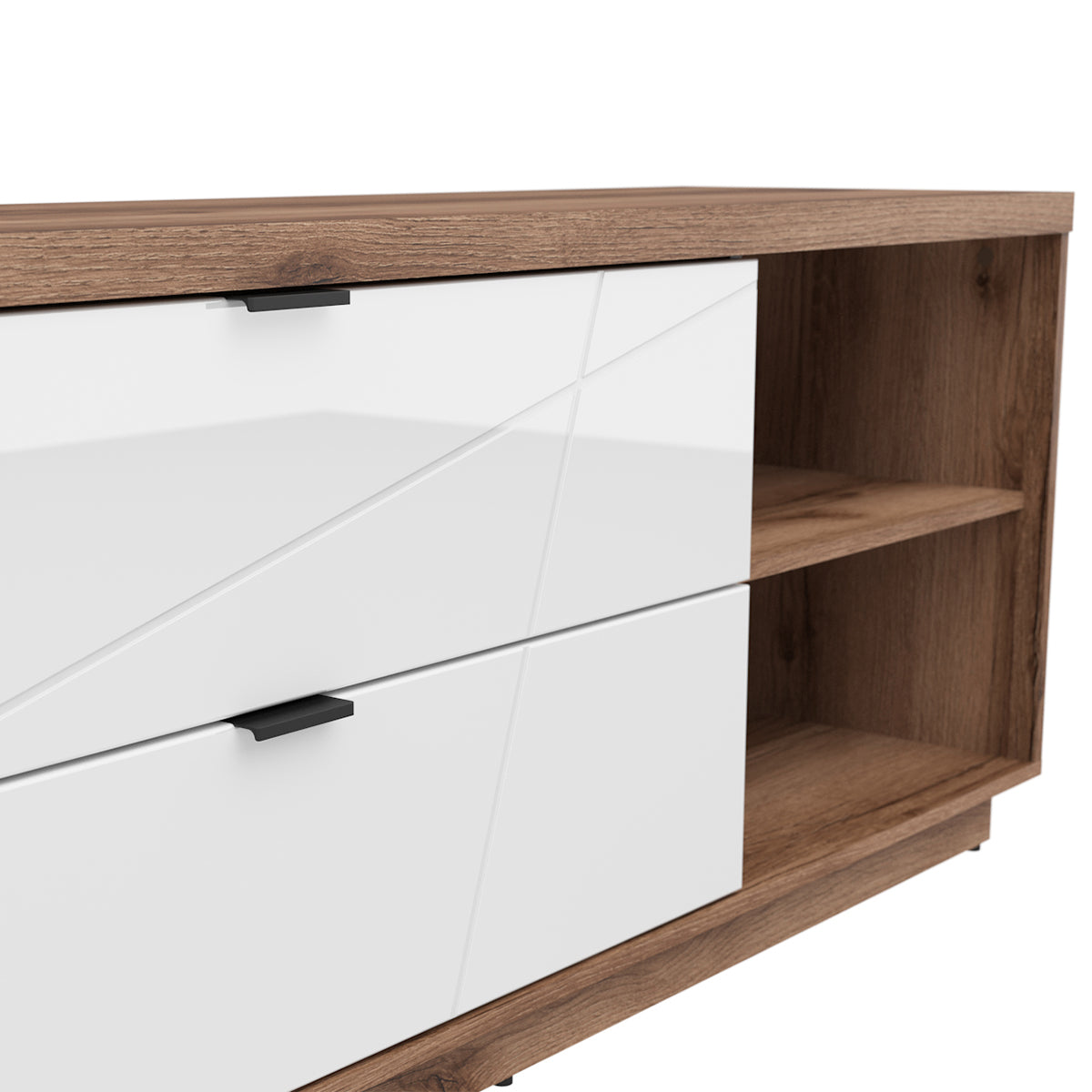 Meuble TV 2 tiroirs 2 niches 156 cm Sven Blanc et Bois - vue 4