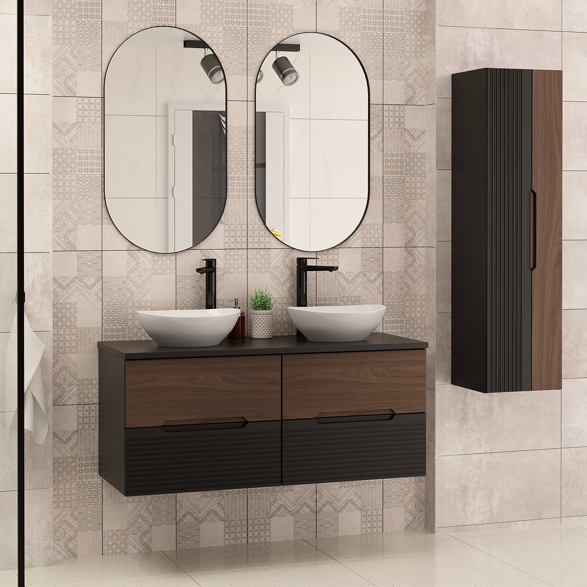 Meuble sous-vasque 120cm plan de toilette Sylla Noir et bois - vue 5