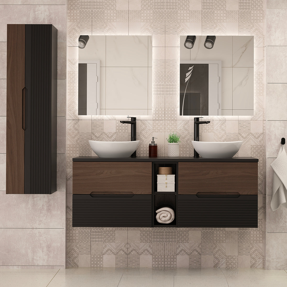 Meuble double vasque 140cm niche Sylla Noir et bois - vue 6