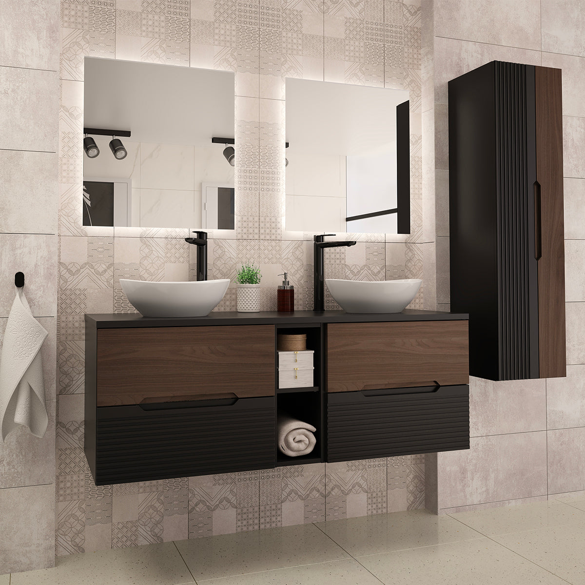 Meuble sous-vasque 140cm 2 niches plan de toilette Sylla Noir et bois - vue 4