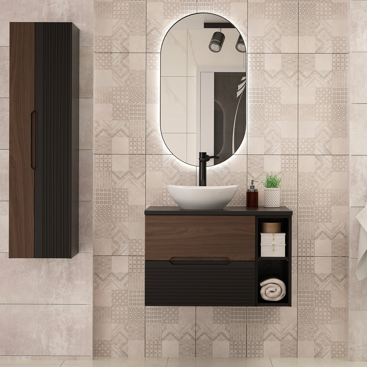 Meuble sous-vasque 80cm 2 niches plan de toilette Sylla Noir et bois - vue 6