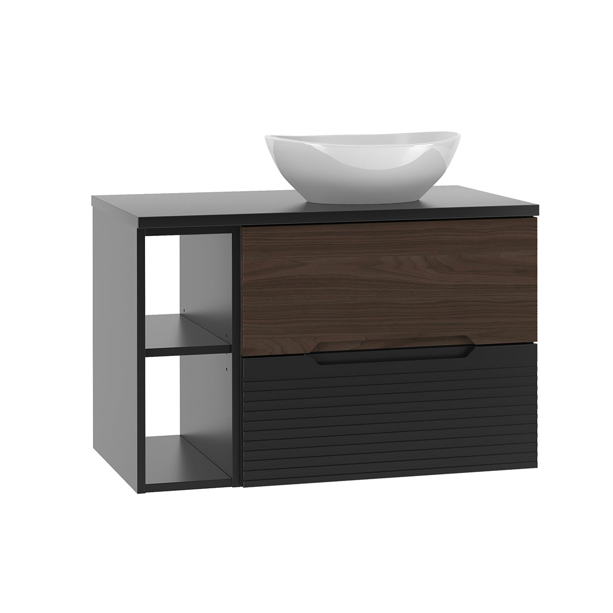 Ensemble meuble simple vasque 80cm 2 niches et colonne Sylla Noir et bois - vue 3