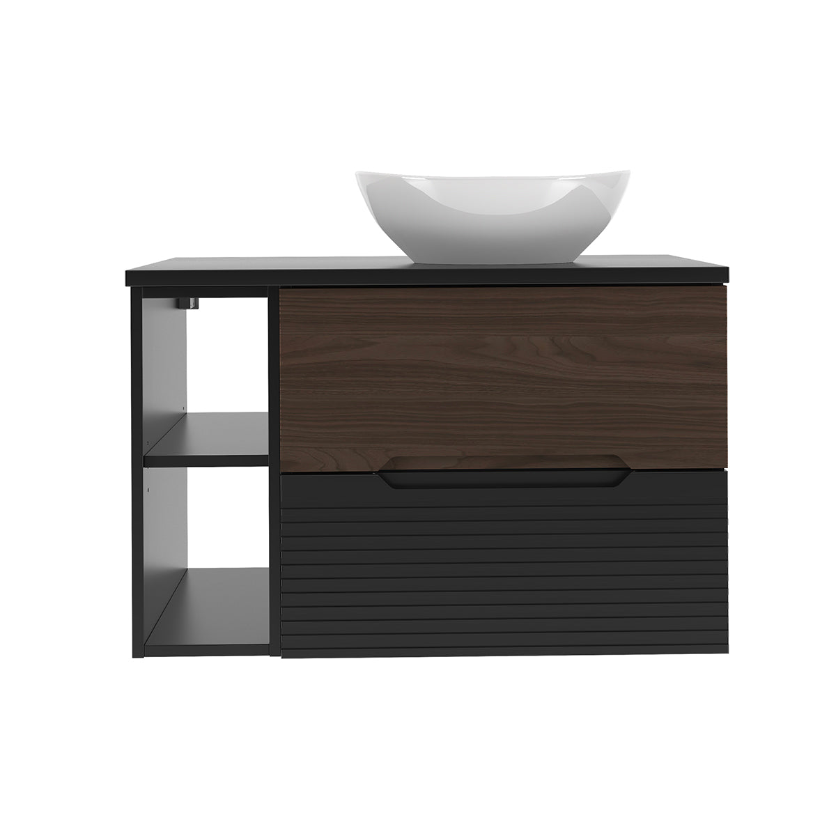 Meuble simple vasque 80cm 2 niches Sylla Noir et bois - vue 3