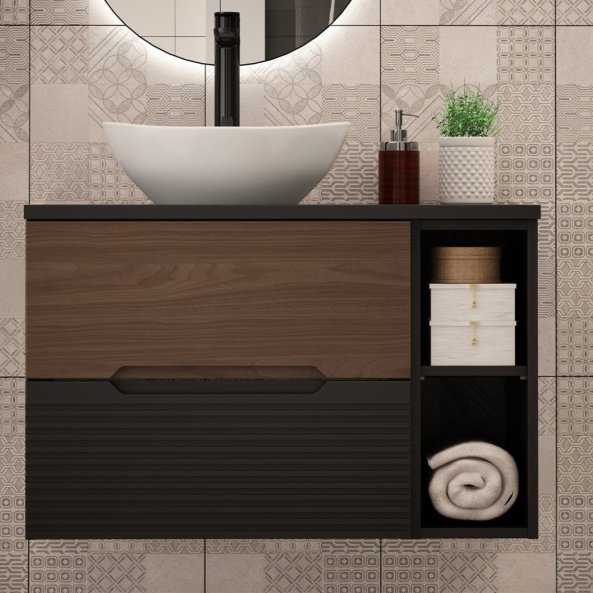 Meuble simple vasque 80cm 2 niches Sylla Noir et bois - vue 7