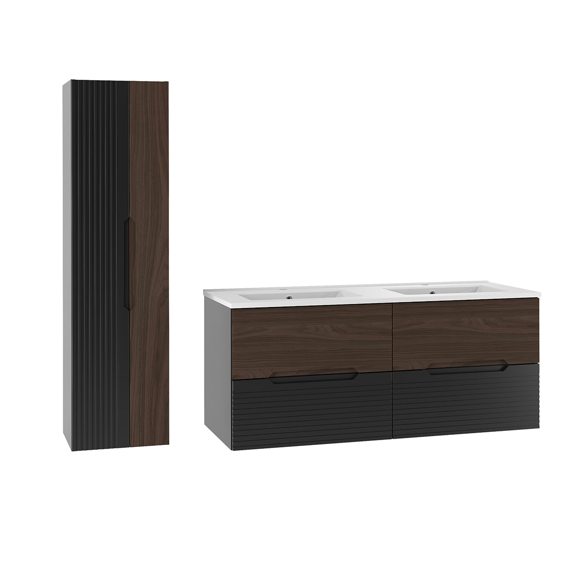 Ensemble meuble double vasque encastrée 120cm et colonne Sylla Noir et bois - vue 2