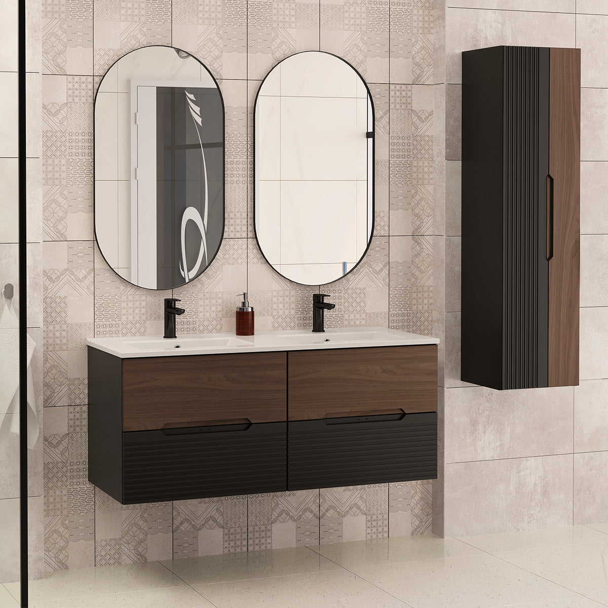 Ensemble meuble double vasque encastrée 120cm et colonne Sylla Noir et bois
