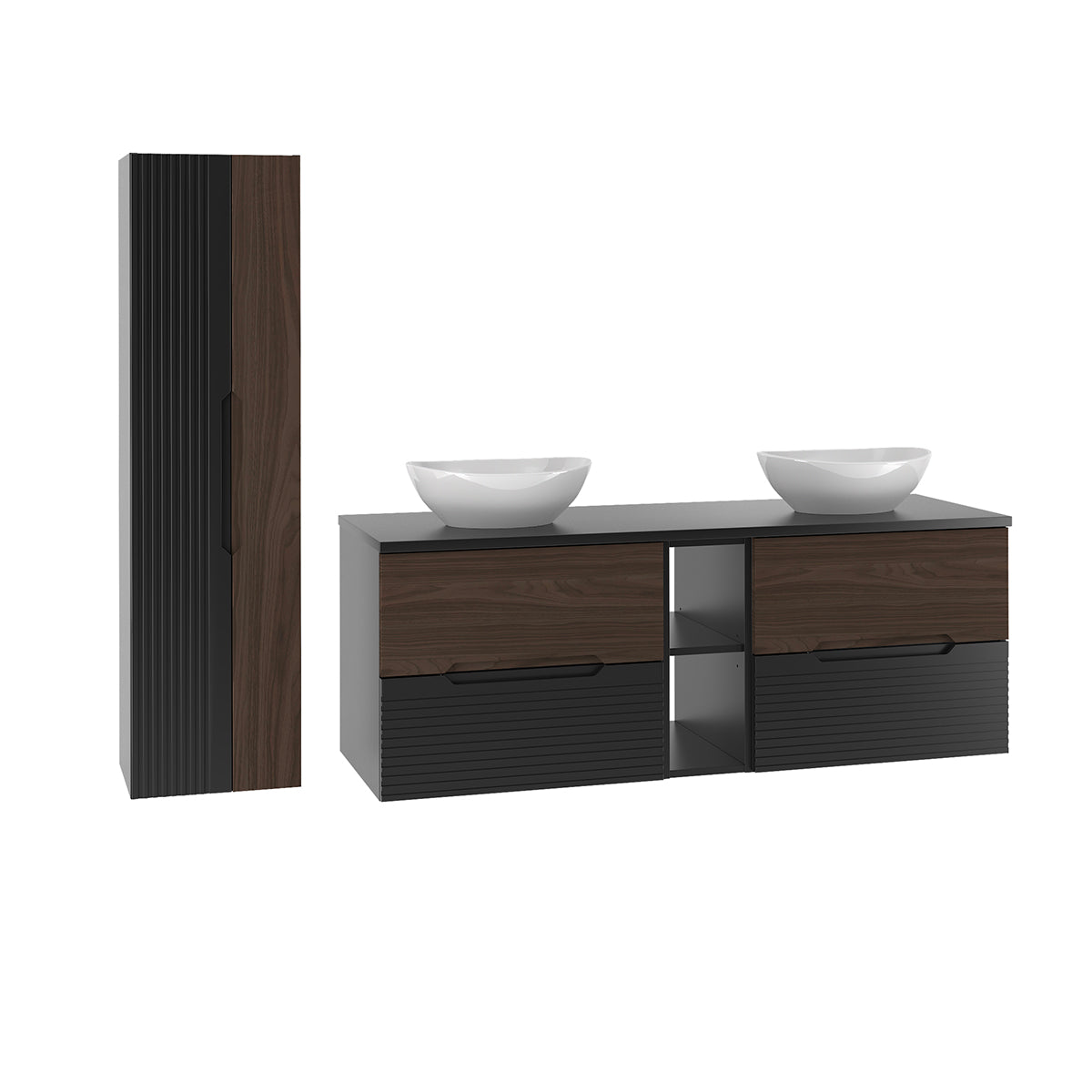 Ensemble meuble double vasque 140cm 2 niches et colonne Sylla Noir et bois - vue 2