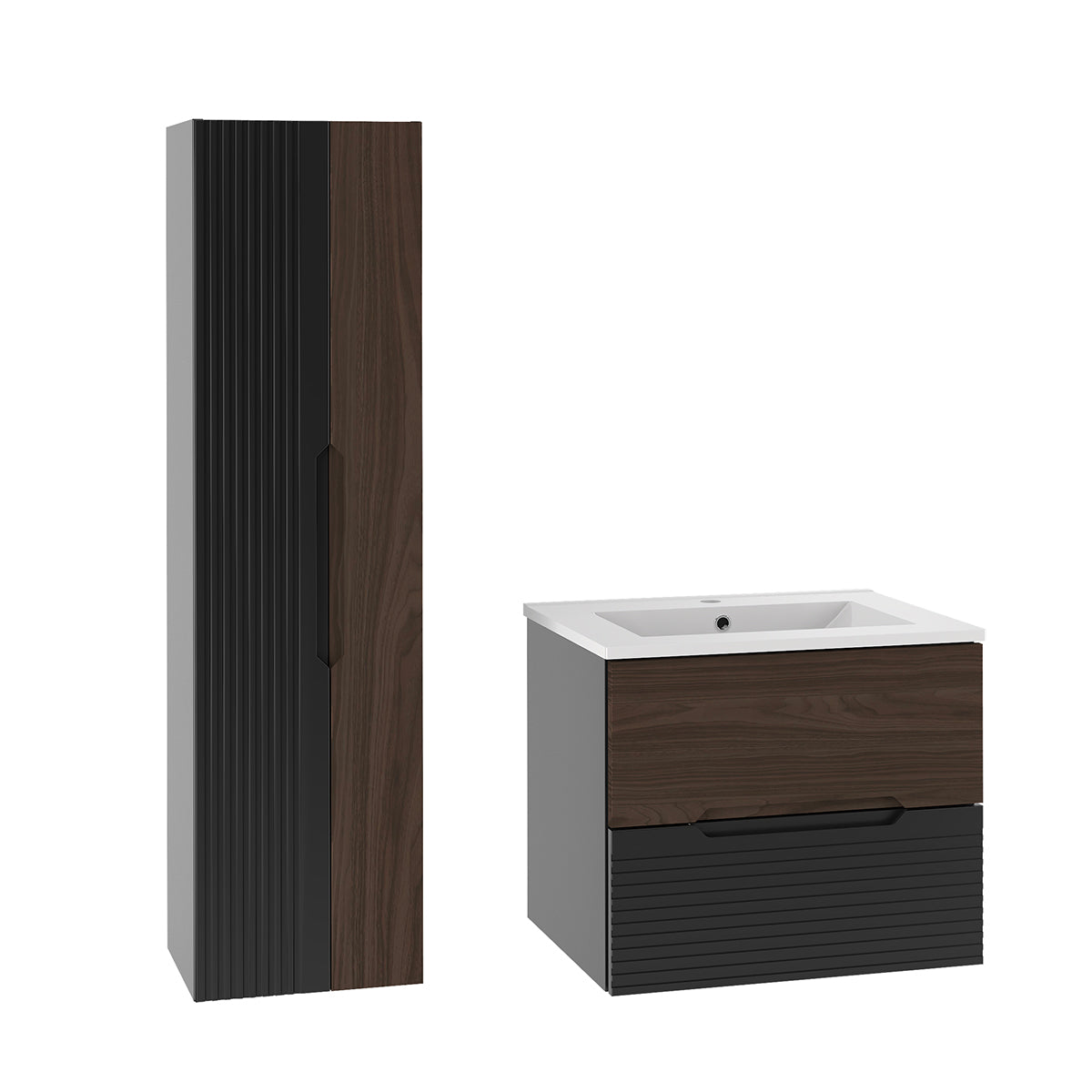Ensemble meuble simple vasque encastrée 60cm et colonne Sylla Noir et bois - vue 2