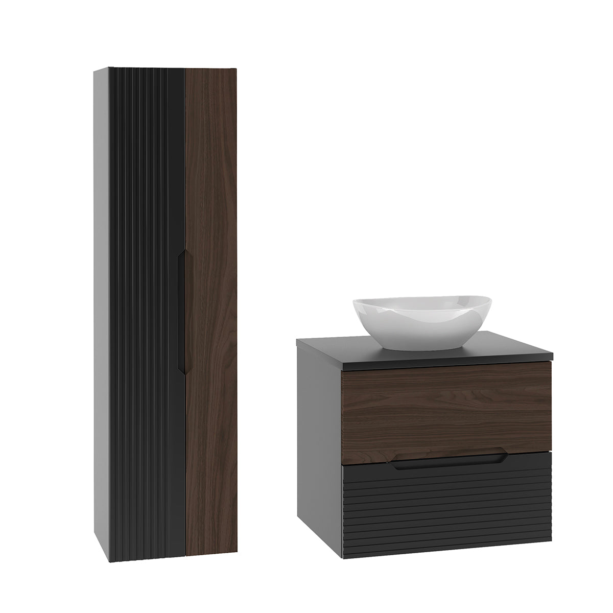 Ensemble meuble simple vasque 60cm et colonne Sylla Noir et bois - vue 2