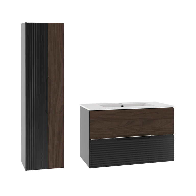 Ensemble meuble simple vasque encastrée 80cm et colonne Sylla Noir et bois