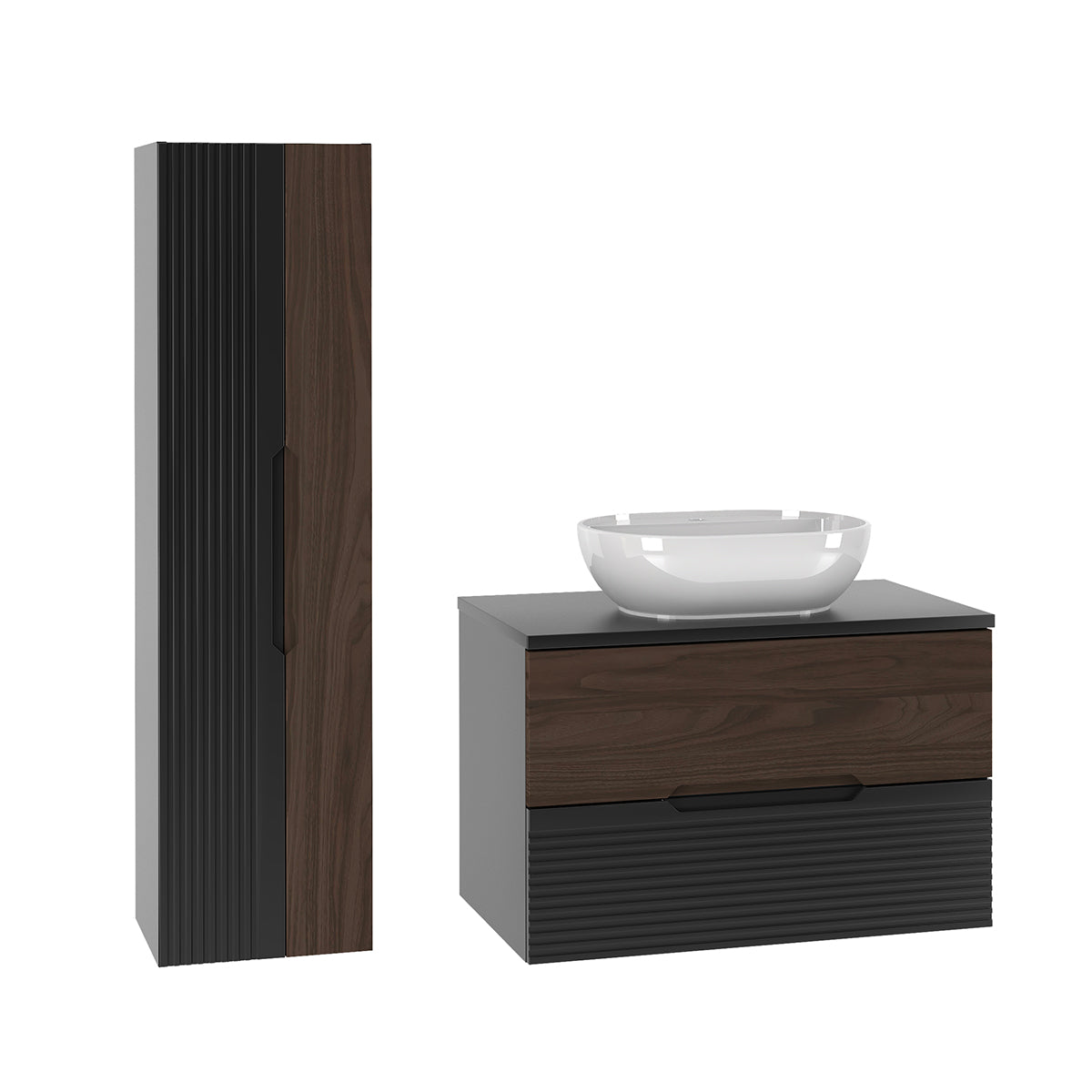 Ensemble meuble simple vasque 80cm et colonne Sylla Noir et bois - vue 2