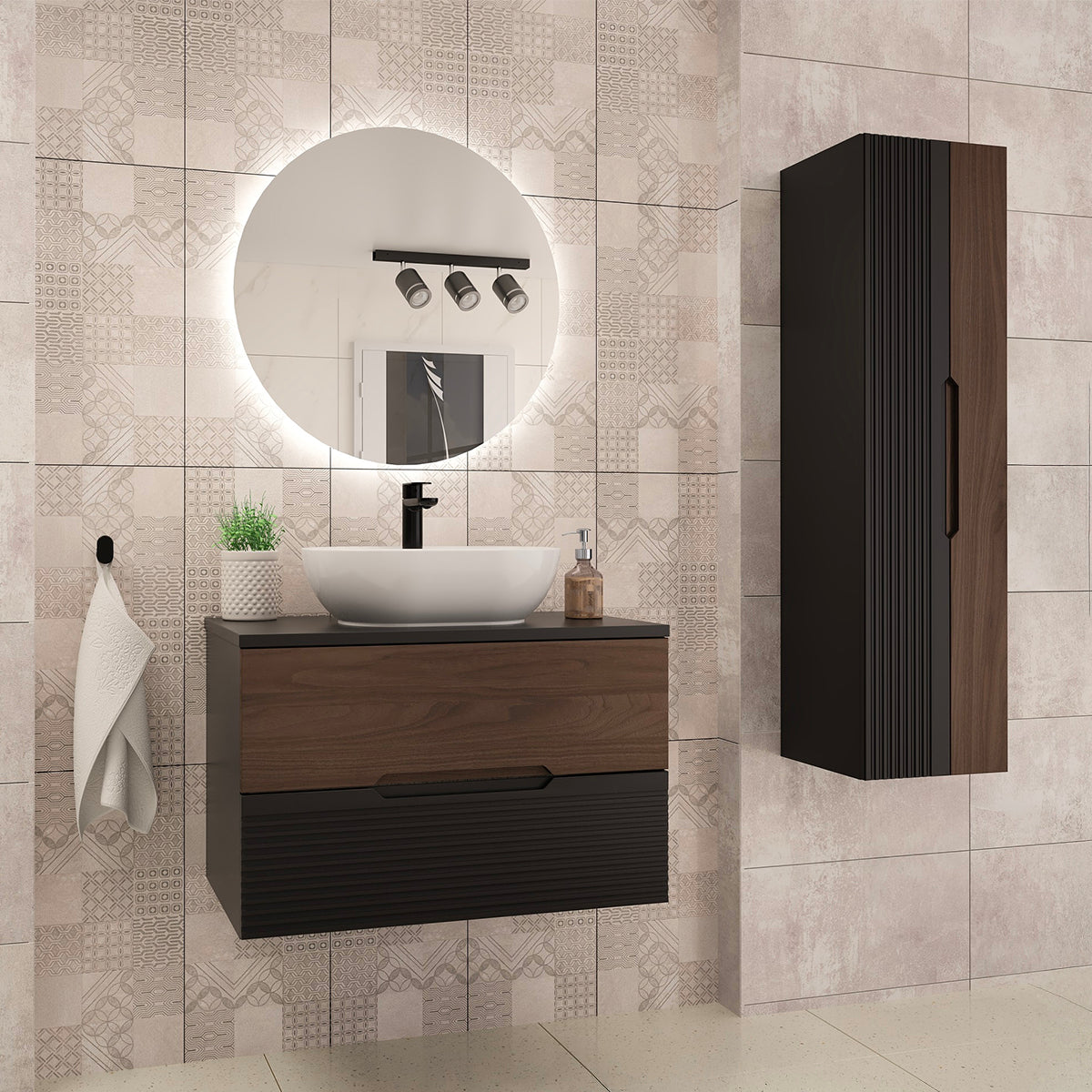 Ensemble meuble simple vasque 80cm et colonne Sylla Noir et bois