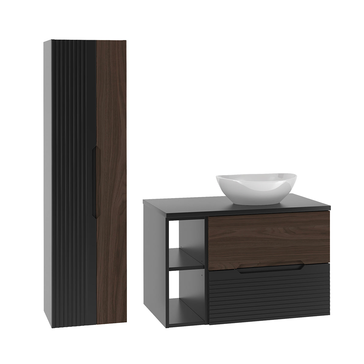 Ensemble meuble simple vasque 80cm 2 niches et colonne Sylla Noir et bois - vue 2