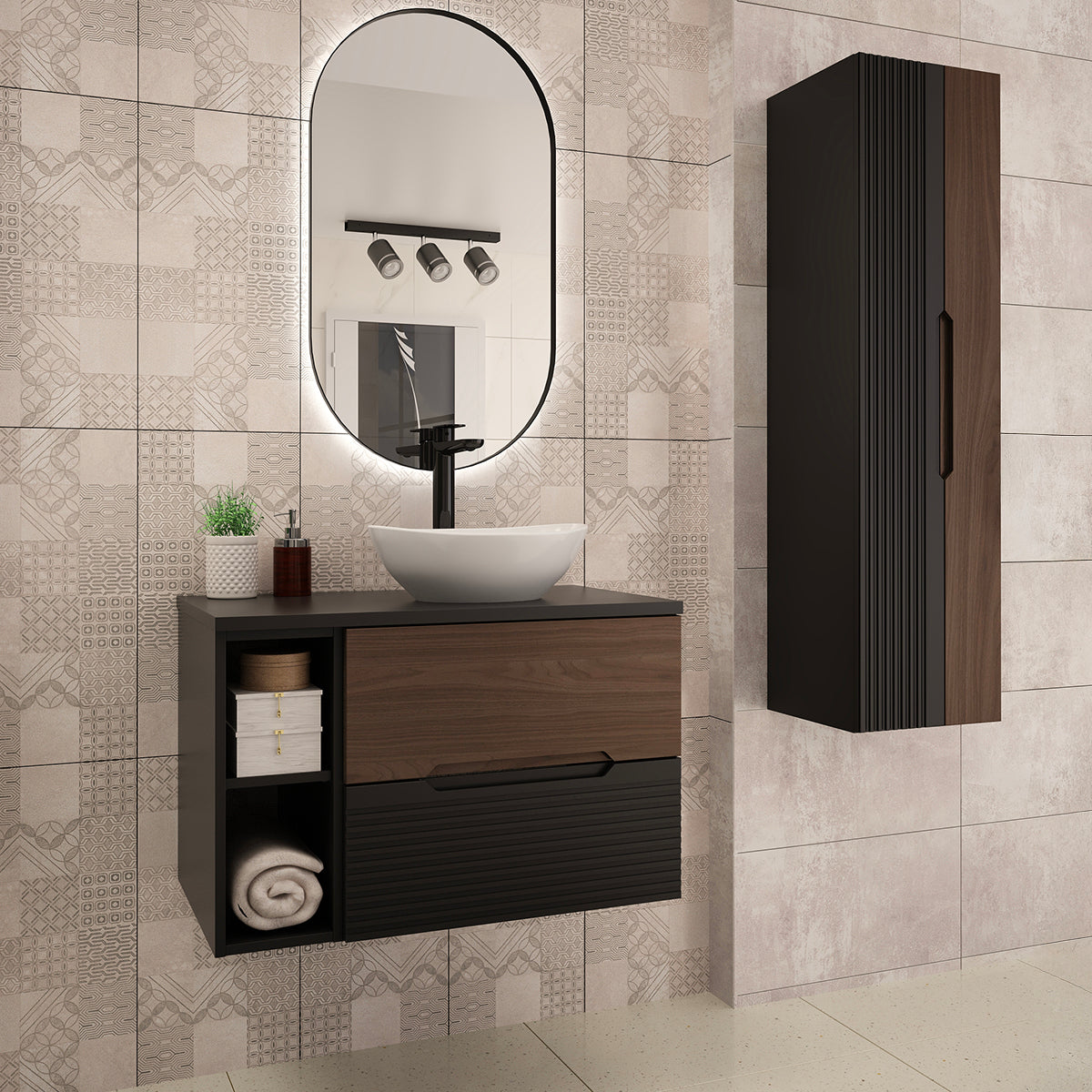 Ensemble meuble simple vasque 80cm 2 niches et colonne Sylla Noir et bois