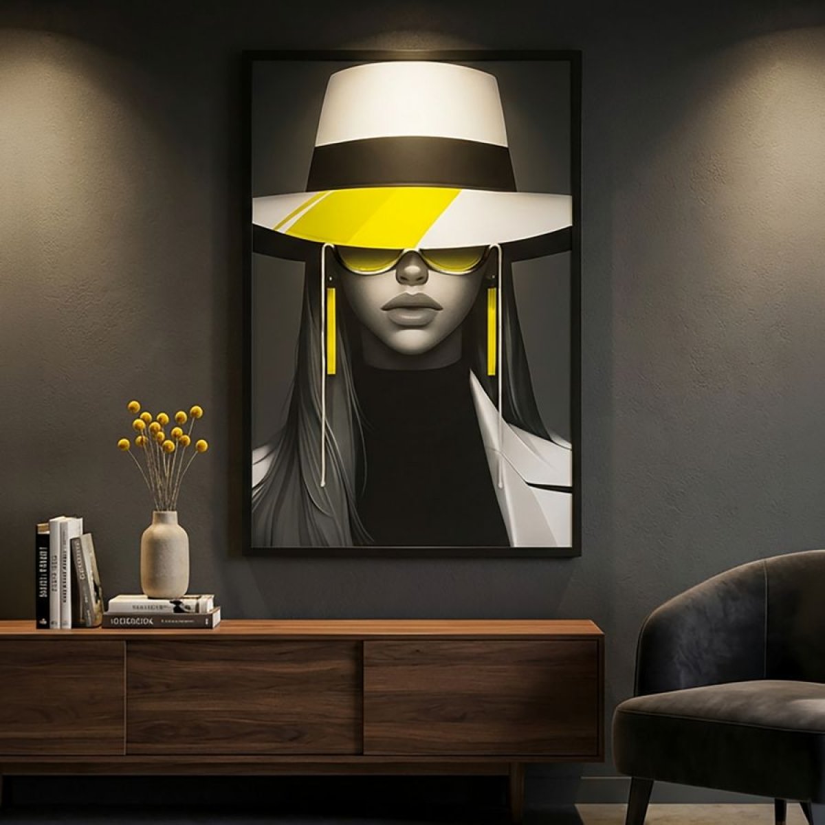 Tableau impression sur toile LED femme chapeau 80x120 cm Mya