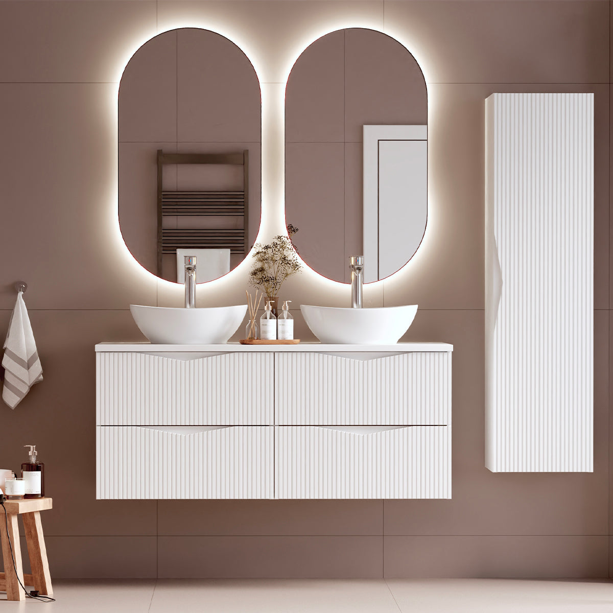 Ensemble meuble double vasque 120cm et colonne Tao Blanc