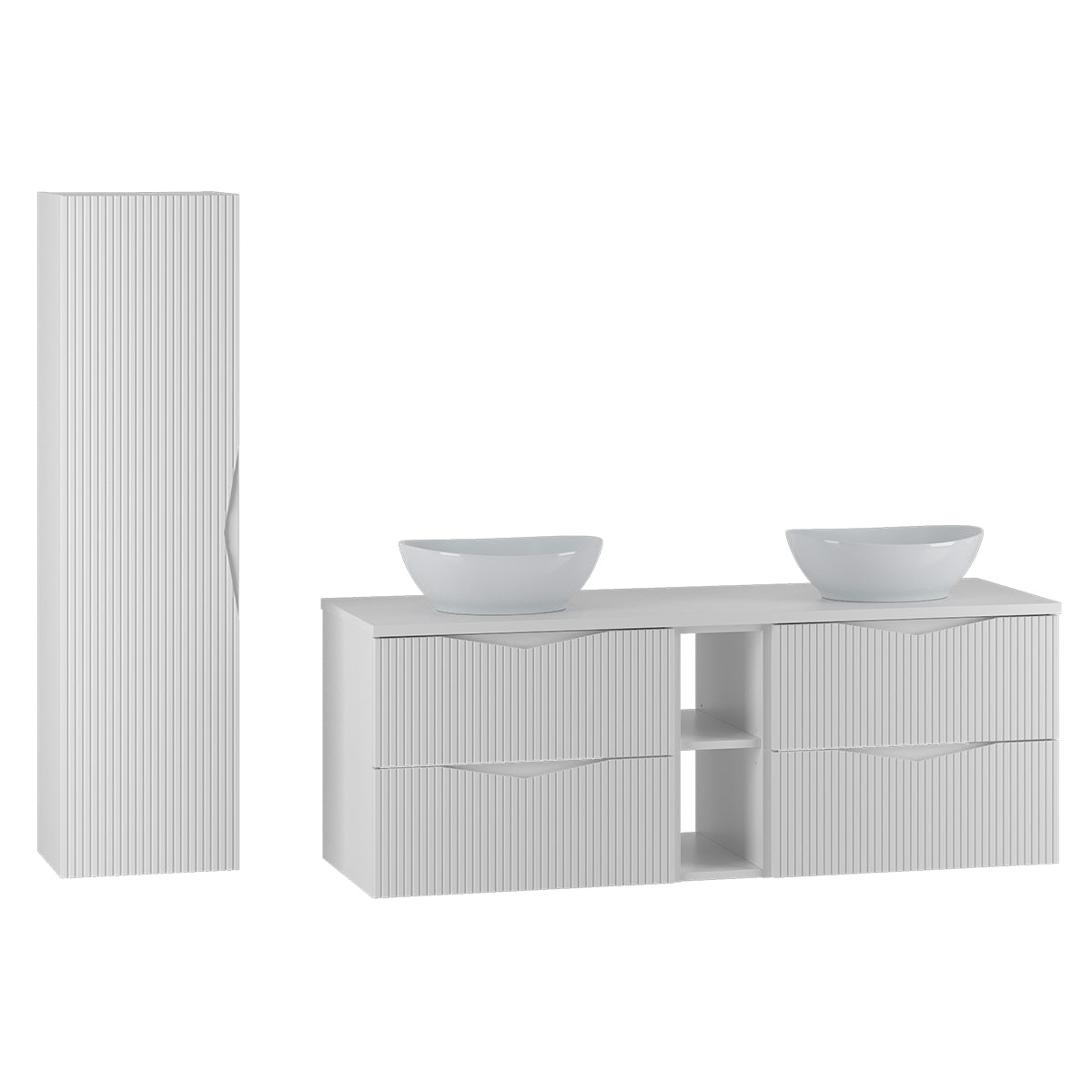 Ensemble meuble double vasque 140cm 2 niches et colonne Tao Blanc - vue 2