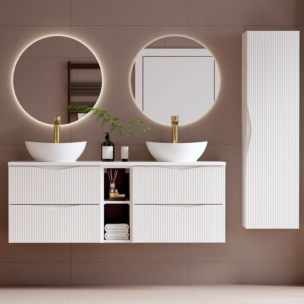 Ensemble meuble double vasque 140cm 2 niches et colonne Tao Blanc