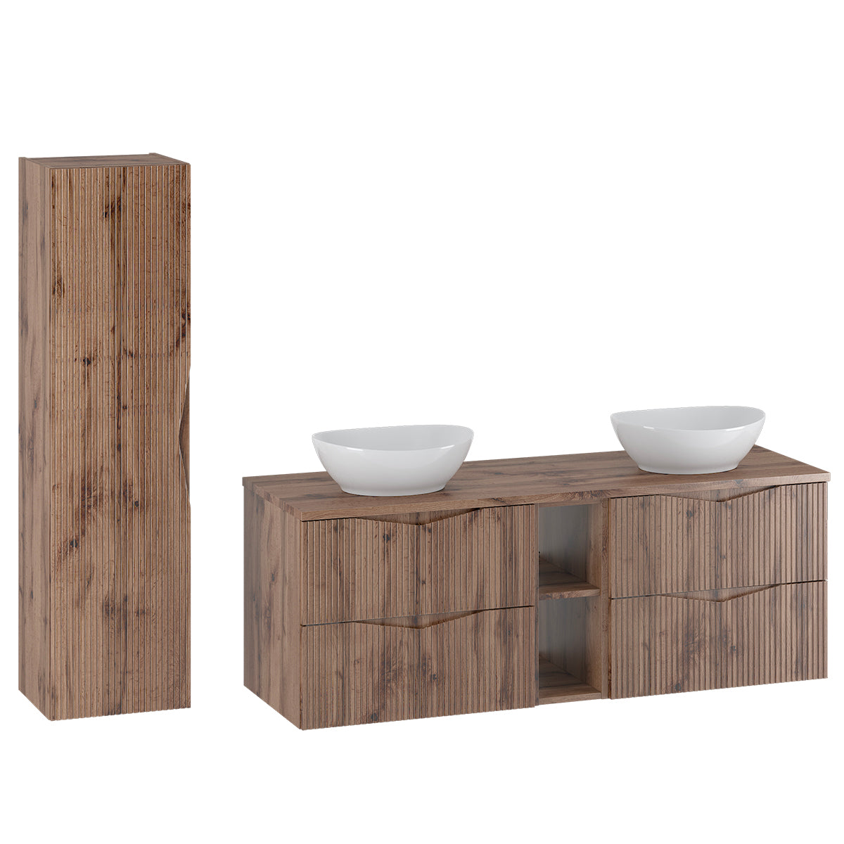 Ensemble meuble double vasque 140cm 2 niches et colonne Tao Bois - vue 2