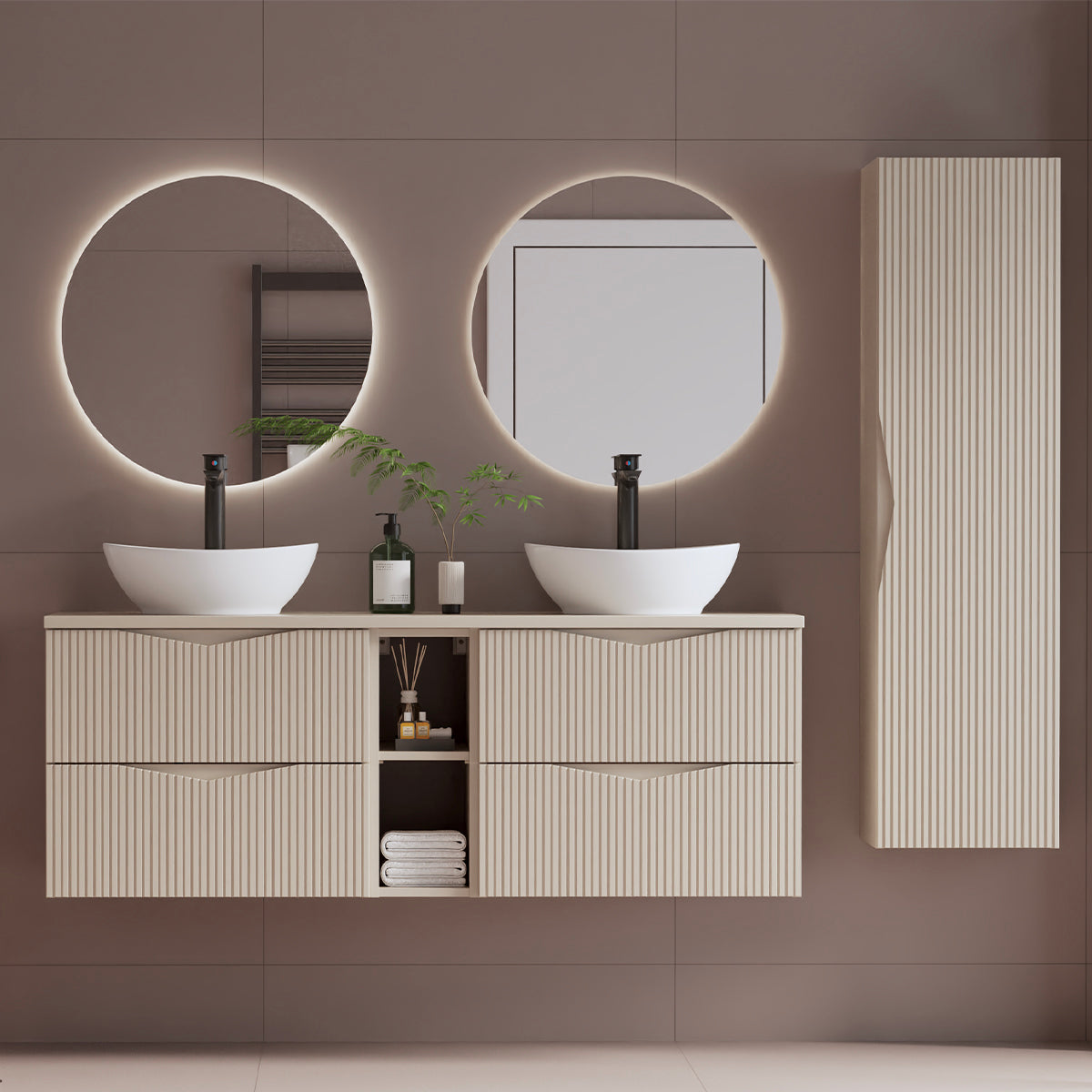 Ensemble meuble double vasque 140cm 2 niches et colonne Tao Cachemire