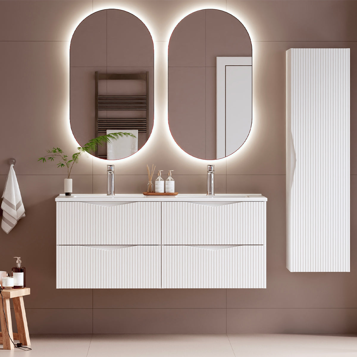 Ensemble meuble double vasque encastrée 120cm et colonne Tao Blanc