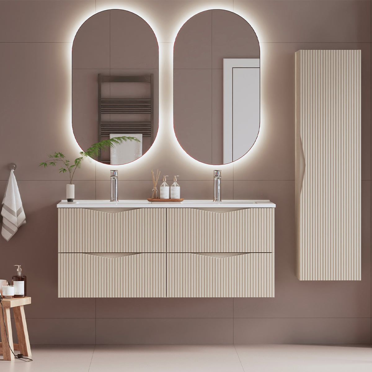 Ensemble meuble double vasque encastrée 120cm et colonne Tao Cachemire