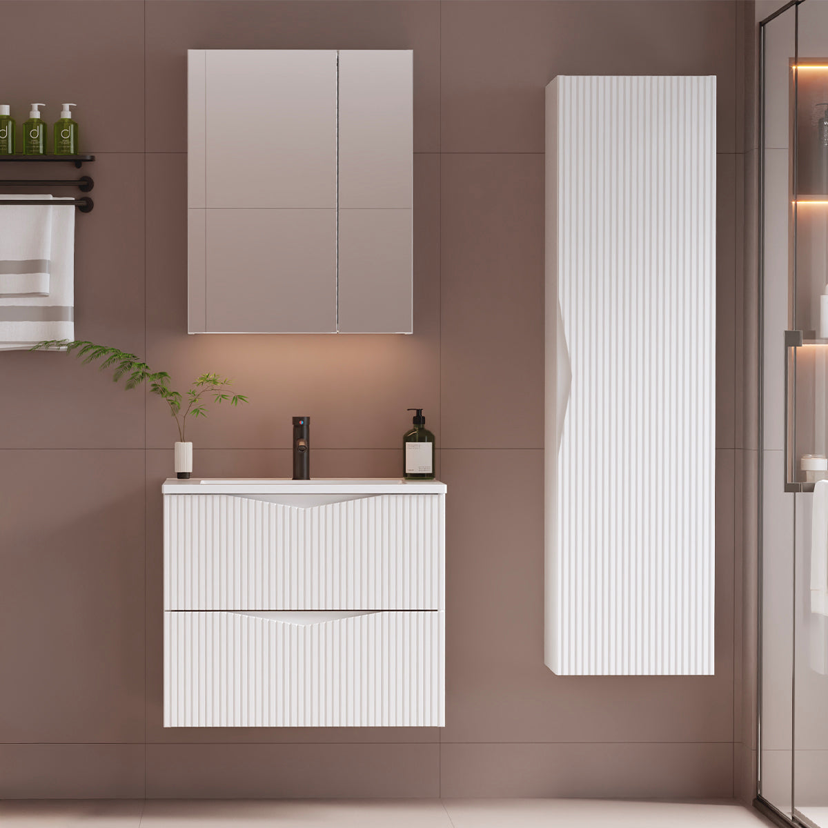 Ensemble meuble simple vasque encastrée 60cm et colonne Tao Blanc